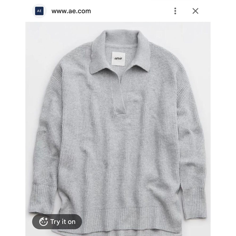 Aerie CozyUp Waffle Knit Polo Sweater Gray Small EUC